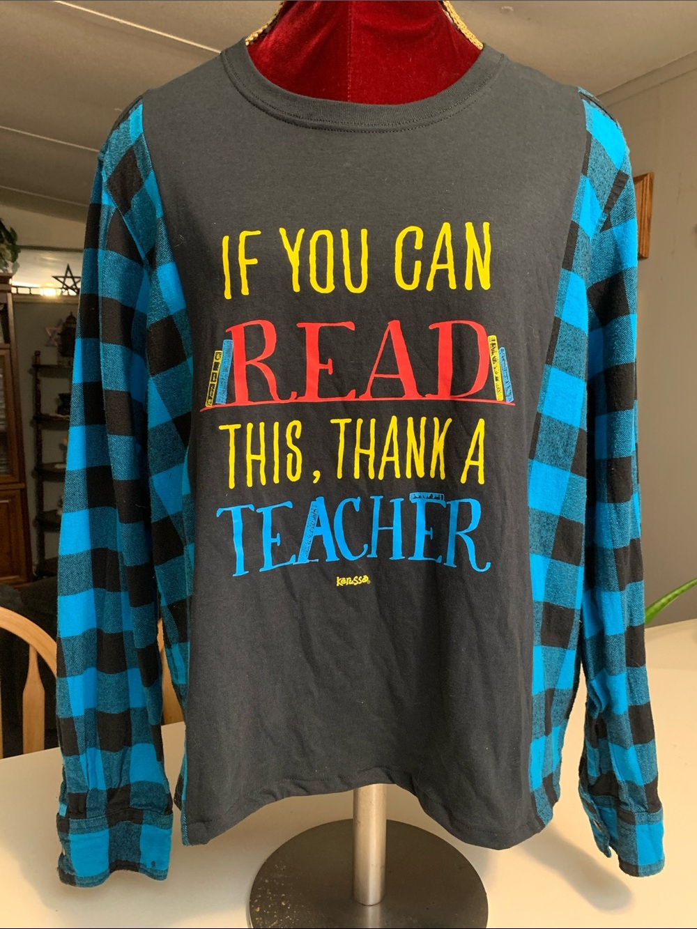 Upcycled Grsphic Tee with Blue & Black Plaid Sleeves -